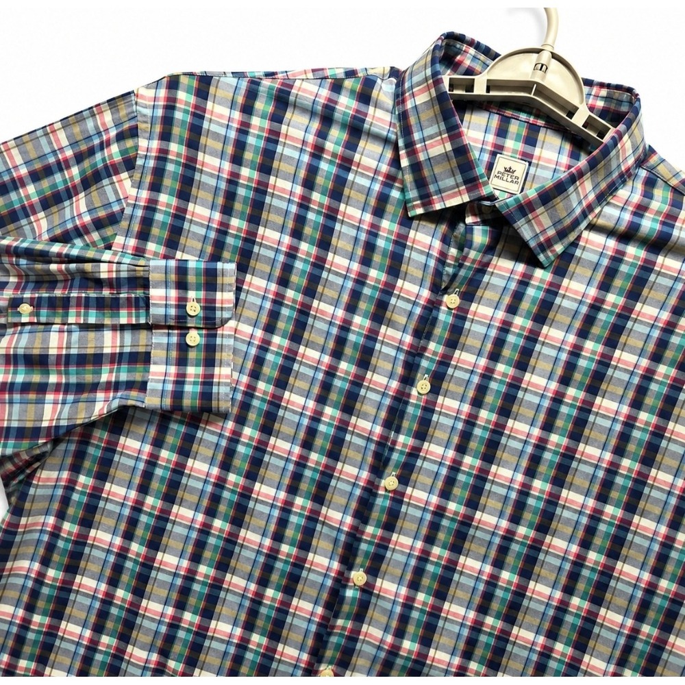 Peter Millar Crown Sport Button Down Shirt 2X Multicolor Plaid Perform. Stretch‎